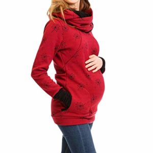 STRIR Mujer Sudaderas Lactancia Capucha Ropa Premamá Maternidad Vestido Embarazada Camisas Bolsillo Tops Bufanda multifunción + Bolsillo Colgante (L, Rojo Vino)