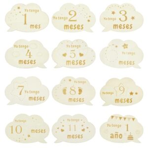 12 Piezas Tarjetas Hitos Mensuales Bebés, Forma nube Madera