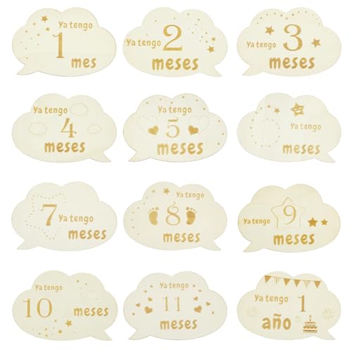 12 Piezas Tarjetas Hitos Mensuales Bebés, Forma nube Madera